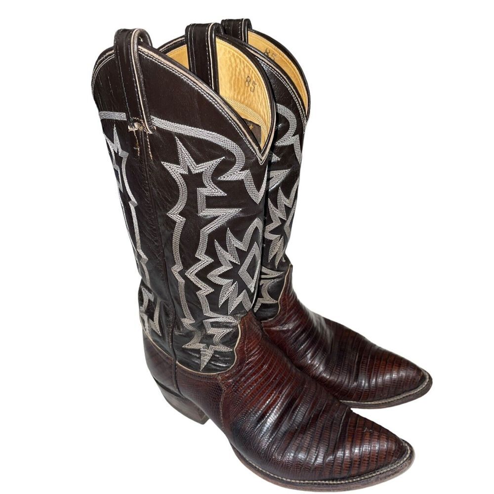 TONY LAMA Exotic Western Boots Black‎ Brown Lizard Skin USA Made 8010 Size 6.5 D